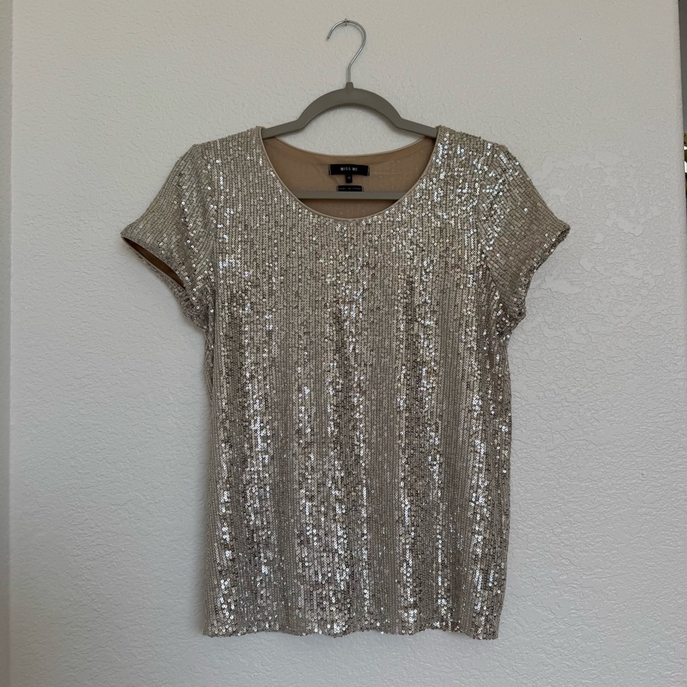 Miss Me All-Over Gold Sequin Short Sleeve Blouse